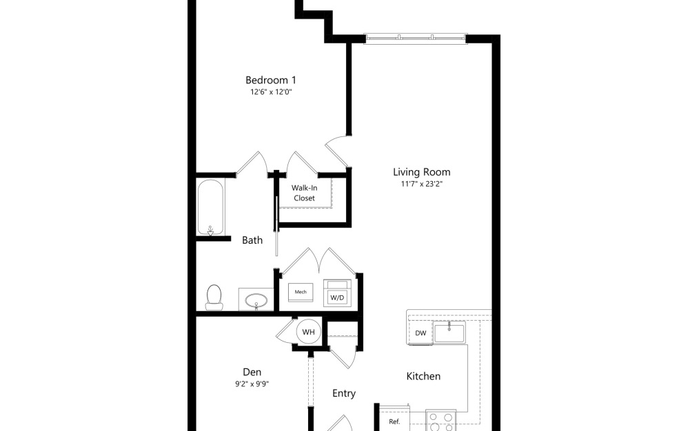 A11-D - 1 bedroom floorplan layout with 1 bathroom and 892 square feet