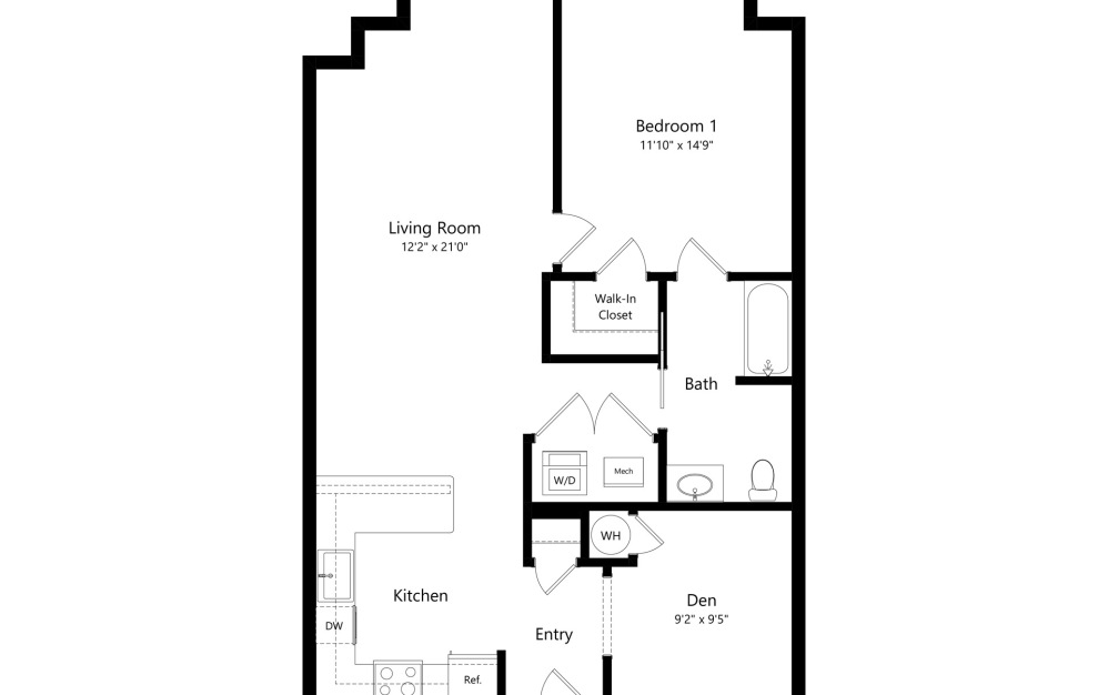 A12-D - 1 bedroom floorplan layout with 1 bathroom and 930 square feet