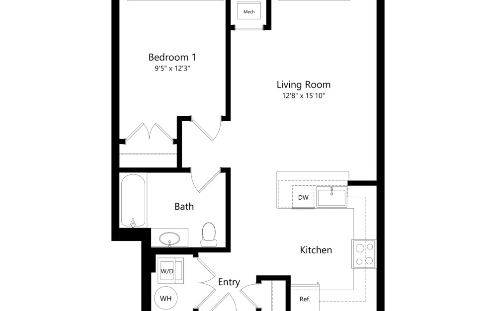 A4 - 1 bedroom floorplan layout with 1 bathroom and 633 square feet