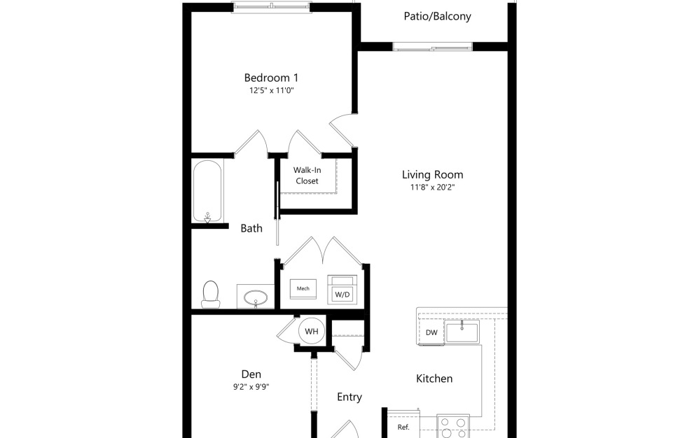 A6-D - 1 bedroom floorplan layout with 1 bathroom and 634 square feet