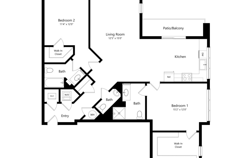 B25-2.5 - 2 bedroom floorplan layout with 2.5 bathrooms and 1307 square feet