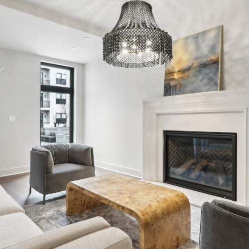 a living room with a fireplace