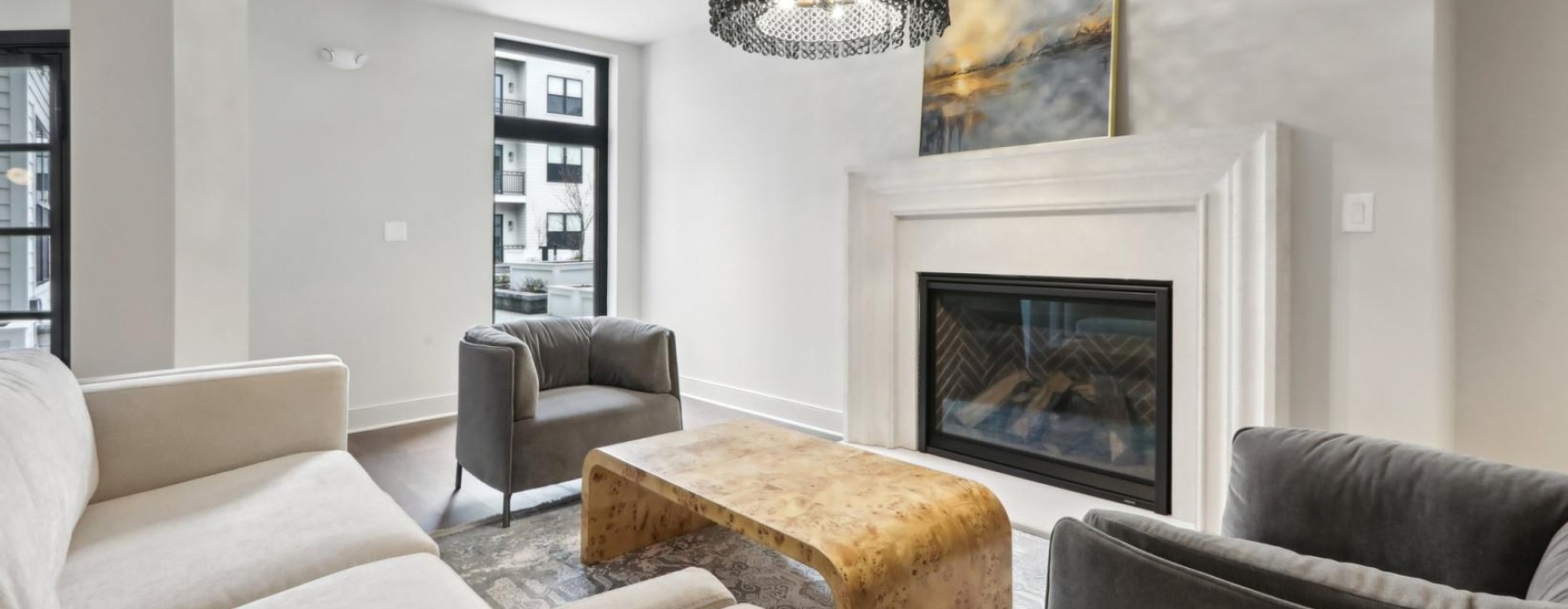 a living room with a fireplace