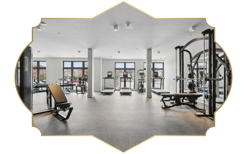 a room with a mirror and chairs